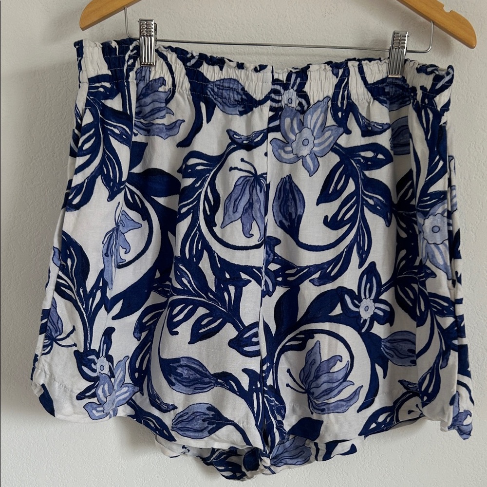 H&M Linen Blend Shorts Blue & White Elastic Waist w Pockets Tropical Beach Sz XL